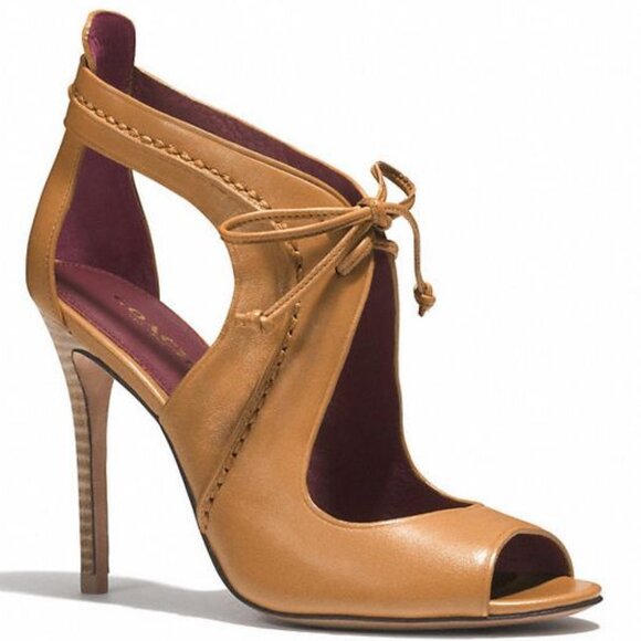 Coach Women’s 6.5 Ginger Tan Leather Loise New Calf Lace Front Open Toe Heels - Picture 1 of 16